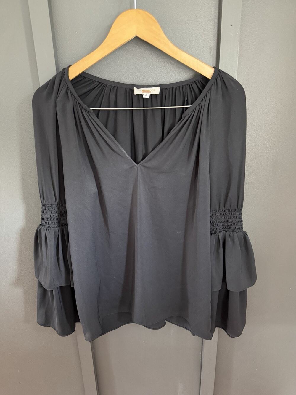 RAMY BROOK Lali V-Neck Bell-Sleeve Top Ruffle Womens Small Black Long Sleeve